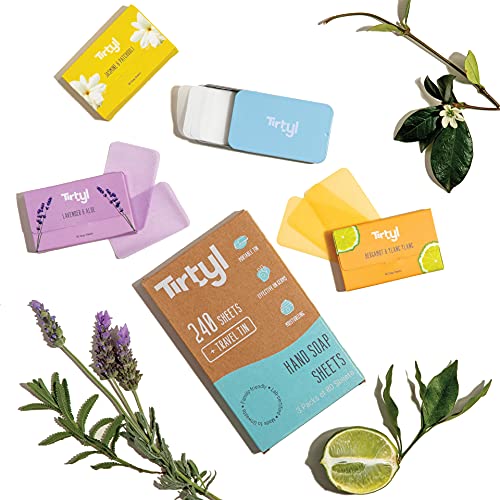 Tirtyl Hand Soap Sheet Variety Pack - 240 Pack with Portable Storage Tin - Camping/Outdoor/Travel/Handbag - Lavender & Aloe - Bergamot & Ylang Ylang - Jasmine & Patchouli