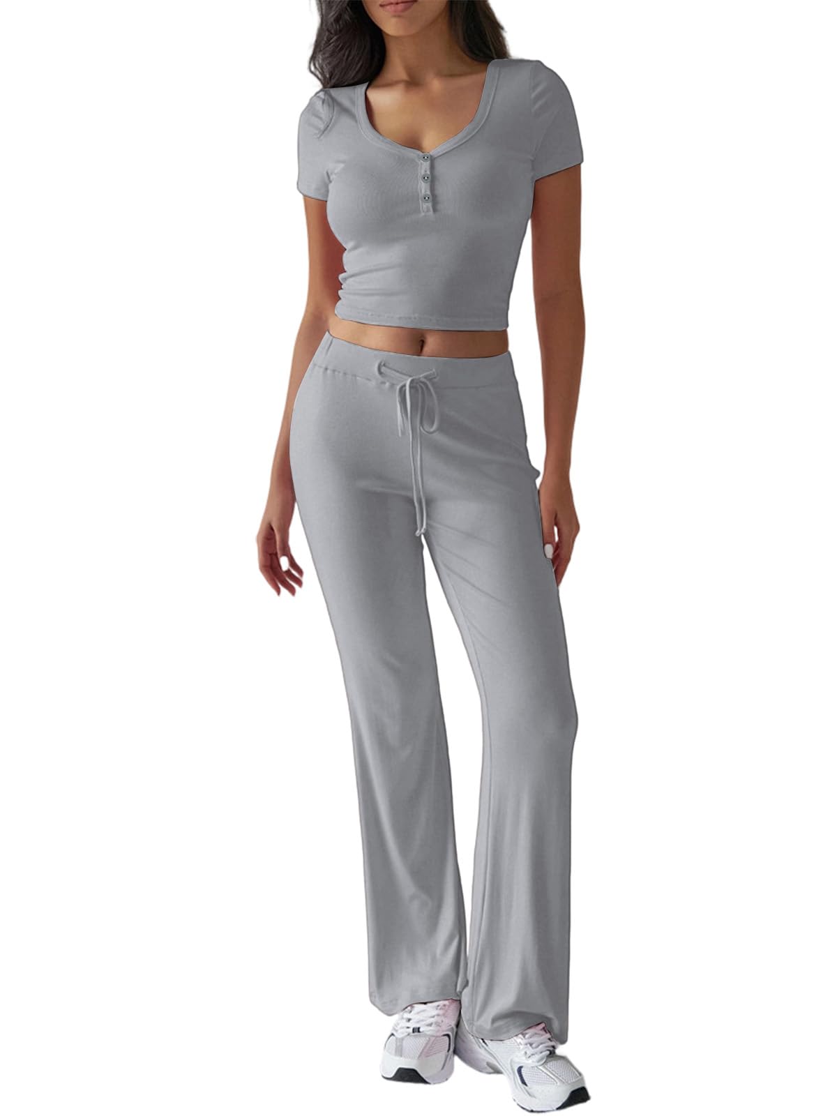 Rayson Conjunto Deportivo Mujer 2 Piezas Manga Corta Top y Pantalón Chándales Para Mujer de Cintura Alta con Cordón para Fitness Yoga