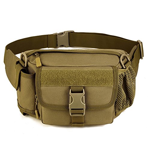 WOTOW Multi Functional Waist Pack, Military Single Shoulder Hip Belt Bag Fanny Packs Water Resistant Waist Bag Pouch Hiking Climbing Outdoor Bumbag with Water Bottle Pocket Holder (Brown)