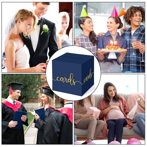 Image of Hooqict Navy Blue Card Box with Slot 9.1 inch Gold Foil Gift Card Box for Party, Graduation, Wedding Reception, Birthday, Retirement, Baby Shower, Raffle Ticket Money Envelope Holder
