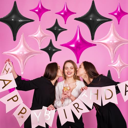 Image of Hot Pink Black Star Balloons,12Pcs Four Angle Star Foil Balloons | 26Inch and 10Inch Pink Black Quadrangle Star Helium Balloon for Birthday Baby Shower Wedding Party Decorations
