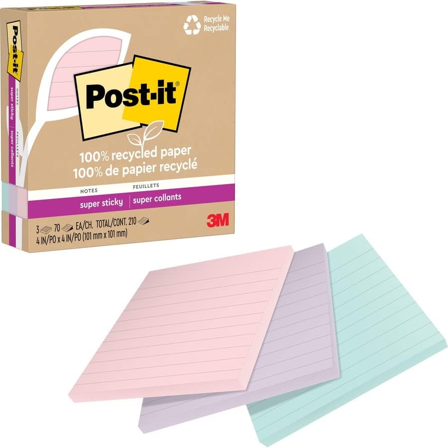 3M MMM675R3SSNRP 4 x 4 pulgadas Post-it nota adhesiva súper adhesiva, surtido de Wanderlust Pastel - Paquete de 3