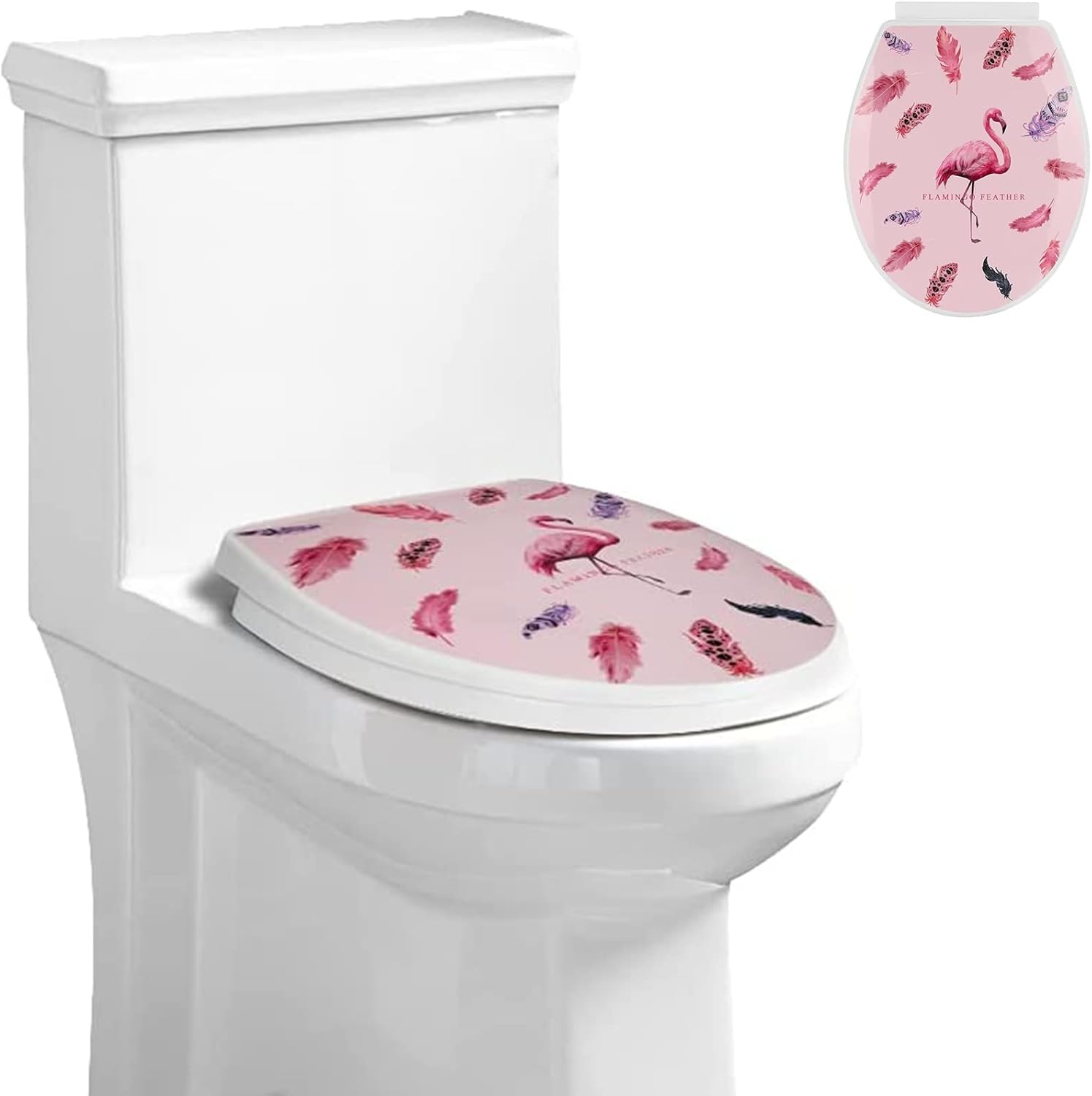 Soft Close Top Fixing Toilet Lid Oval Shape, White with Multiple Patterns/Flamingo