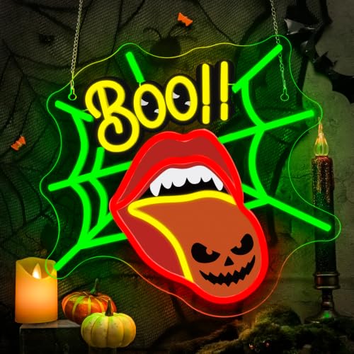 Image of Halloween Neon Sign BOO Neon Light Creepy Tongue Spider Web Wall Decor