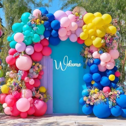 Image of Hot Pink Blue Yellow Balloon Garland, Double Stuffed Royal Blue Teal Lavender Balloons Pastel Balloon Arch Kit for Tropical Hawaii Graduation Birthday Baby Shower Party Decorations