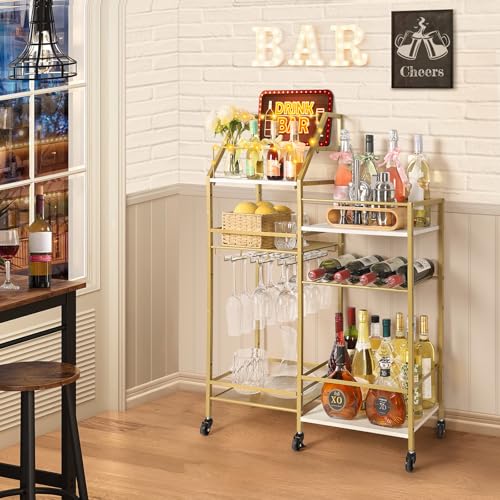 Image of VINAEMO Gold Bar Cart With Wine Glass Holder, Stand for Home, Small Mini Bar for Whiskey Wine, Liquor Cart, Alcohol Cabinet for Kitchen, Dining Room