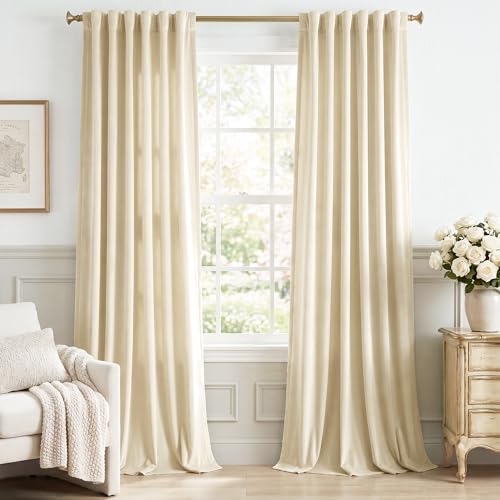 Image of Beige Velvet Drapes Back Tab Privacy for Bedroom, W52 x L100, 2 Pcs | Privacy Window Covering, 300GSM Heavy Velvet, Light Filtering, Rustic, Living Dining Room, Office, Kids Nursery, Kitchen