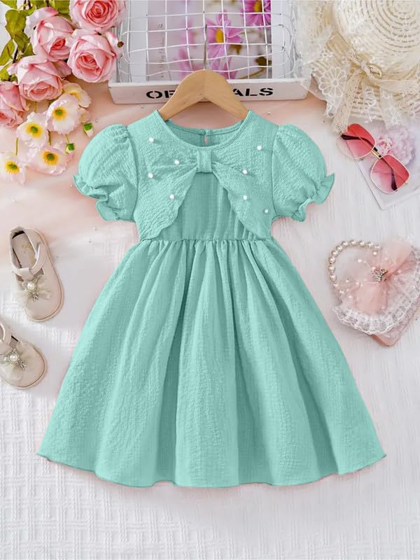 Image of Niren Enterprise Girls Bow Pearl Dress Puff Sleeve Round Neck Solid Cotton Frock