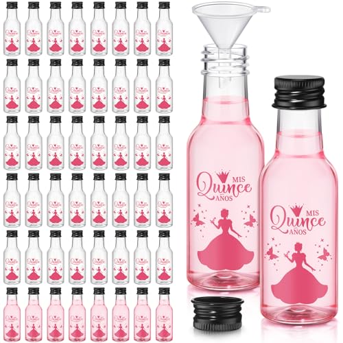 Jingmore 50 Pcs Quinceanera Mini Liquor Bottle Mis Quince Anos 1.7oz Empty Plastic Shot Bottle with Black Screw Cap 1 Funnel Sweet 15 Year Birthday Gift for Guest Recuerdos De Quinceañera Favor(Pink)