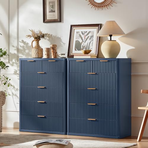 Image of LEYAOYAO Fluted 6 Drawers Dresser for Bedroom Set of 2, 42 inch Tall Modern Chest of Drawers with Metal Handle, Curved Profile Design,Wood Drawer Organizer for Bedroom, Living Room, Hallway,Blue