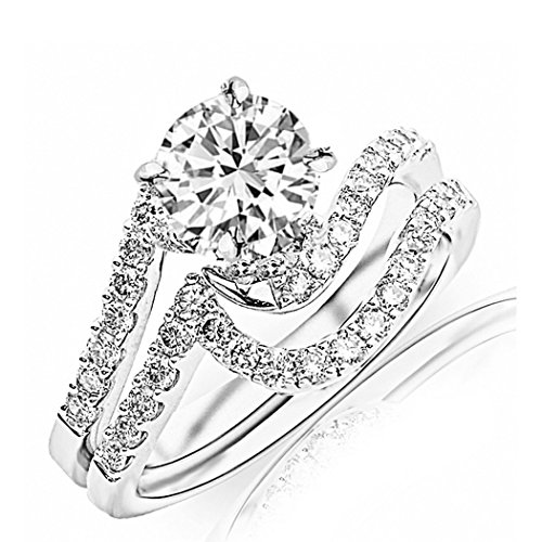 2.45 Carat t.w. ROUND Shape/Center Silver Curving Pave & Prong-set Round CZ Engagement Ring and Wedding Band Set
