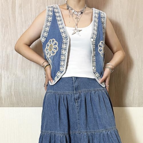 Mxiqqpltky Embroidered Denim Vest Tops Women Y2k Sleevelss Button Down Open Front Floral Boho Tank Top Cropped Waistcoat4