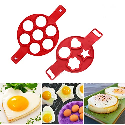 Pancake Mold Maker, Fried Egg Mold Ring Muffin Pancake Mould 2 Set 11Cavity Reusable Silicone Non-Stick Pancake Molds Ring?Round/Star/Flower/Heart Shape?Red?
