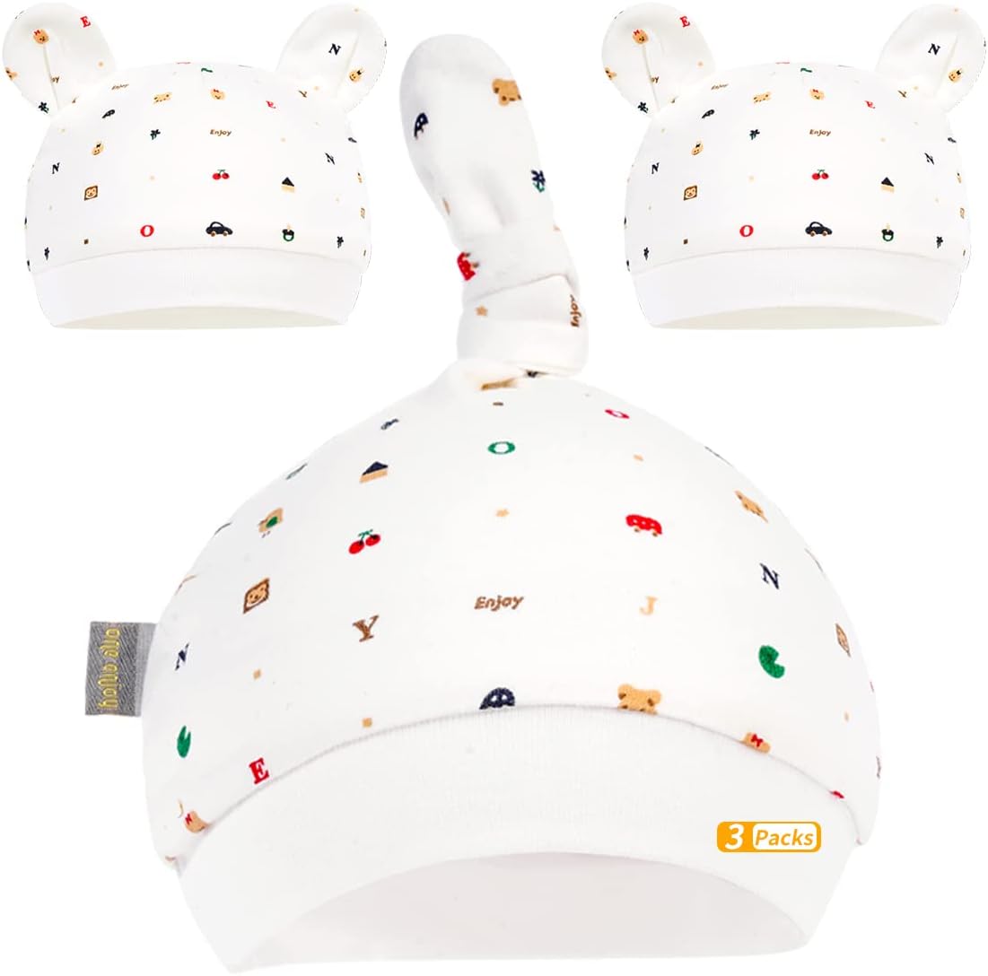 One enjoy3 Packs Newborn Baby Bear Hats Hospital Hat Knotted Cap Organic Baby Hats Unisex Cotton Lovely Infant Caps 0-6 Month