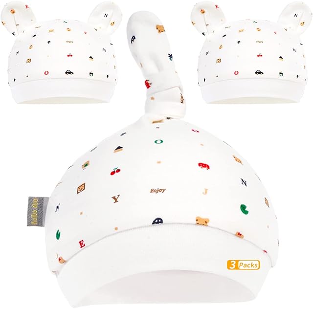 3 Packs Newborn Baby Bear Hats Hospital Hat Knotted Cap Organic Baby Hats Unisex Cotton Lovely Infant Caps 0-5 Months