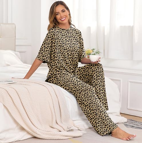 Image of PrinStory Womens Pajamas Sets 2 Piece Lounge Set Short Sleeve Tops and Long Pants Soft Pjs Loungewear with Pockets