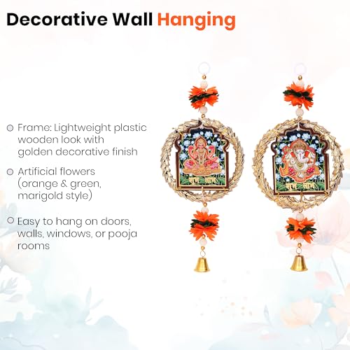 Image of Akaar Decor Lakshmi Ganesha Hanging Wall Decor Set of 2 | Traditional Diwali Decoration for Home Entrance, Pooja Room & Temple | Floral Hanging with Bell & Golden Wreath Design