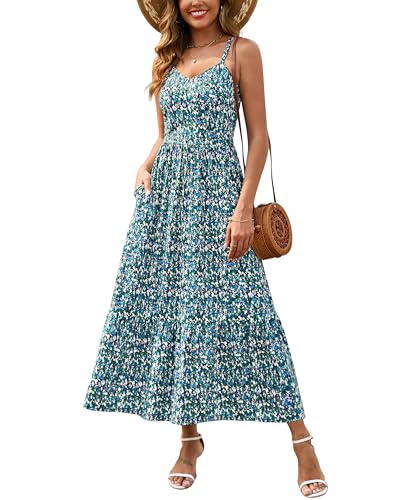 Zattcas Women 2026 Spring Summer Casual Tropical Hawaiian Bohemian Floral Long Flowy Maxi Dress Seniors Sleeveless Sun Dresses Maternity Nursing Baby Shower Dress Blue Green XL