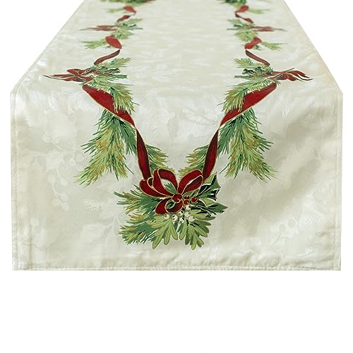 Benson Mills Christmas Ribbons Engineered Printed Fabric Table Runner, Winter, Holiday and Christmas Tablecloth (16" X 90" Table Runner, Xmas Ribbons)