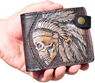 Indian Skull leather Wallet, Biker Custom Wallet, Leather Wallet, Biker Gift, 3D Genuine Leather Wallet, Hand Carved, Leather Carving, Carving Wallet