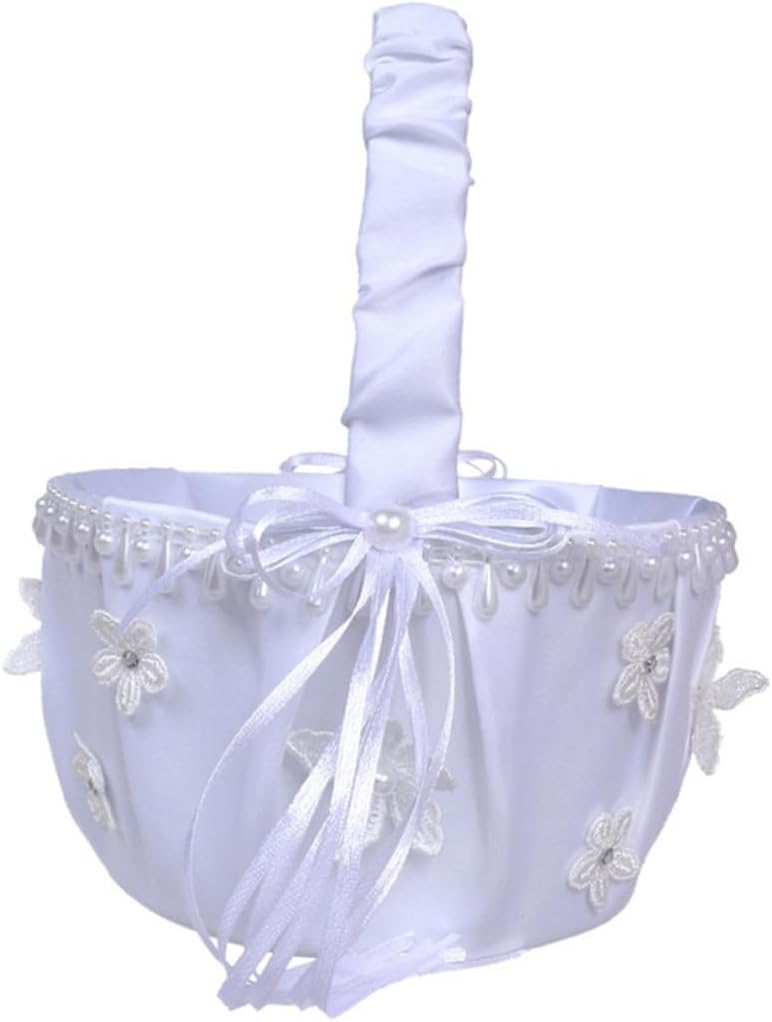 Ciieeo Wedding Delicate Lace Flower Girl Basket with Handle White Romantic Flower Basket for Wedding Ceremony Petals Holder Event Supplies