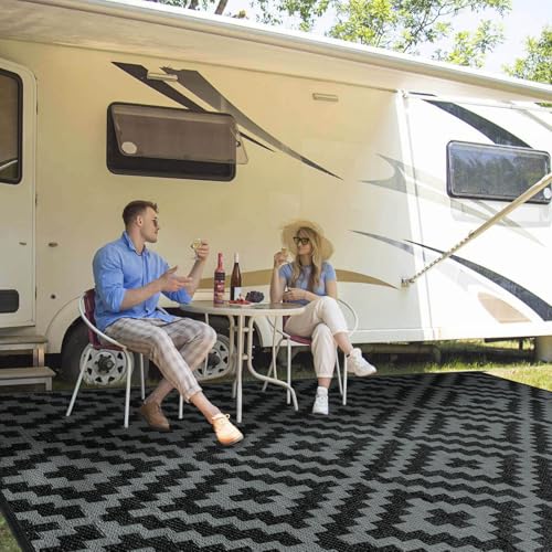 Outdoor Patio Plastic Straw Rug - 9x18 ft Outdoor Camping Rug Waterproof Reversible, Area Carpet Patios RV, Outside Porch Balcony Deck for Camper, Black & Grey