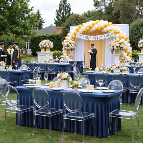 Image of Outpain 6ft Spandex Table Cloth for Standard Folding Tables-4Pack Navy Blue Table Cloth Table Protector for Party, Wedding, Cocktail, Banquet, Festival