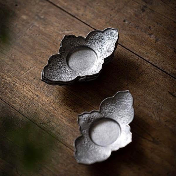 2枚セット 錫コースター茶托 シノワズリ 中国茶道具古錫 透かし花図彫 瓜型茶托