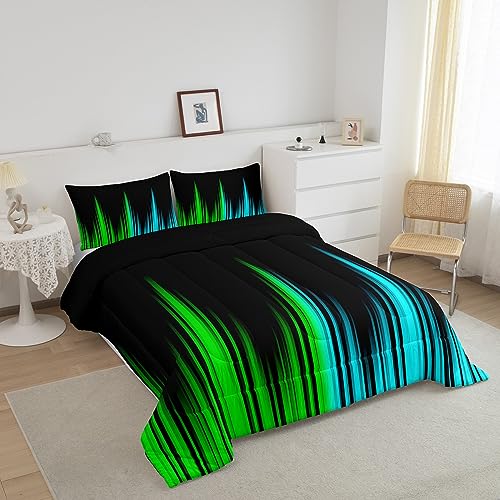 Image of Teel Blue and Green Comforter Set Queen Size, Abstract Ombre Comforter Ombre Striped Comforter for Kids Boys Girls Ombre Duvet Set Breathable Bed Set 3Pcs