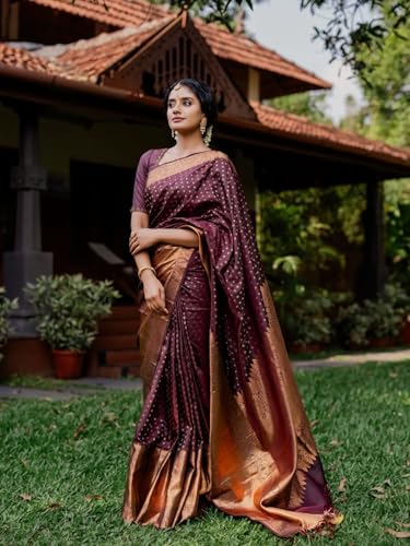 Image of Sugathari Women's Maroon Banarasi Kanchipuram Art Silk Saree for Women - Traditional Wedding & Party Saree with Blouse Piece - Ethnic Indian Silk Saree for Bridal, Festive (KS-156)