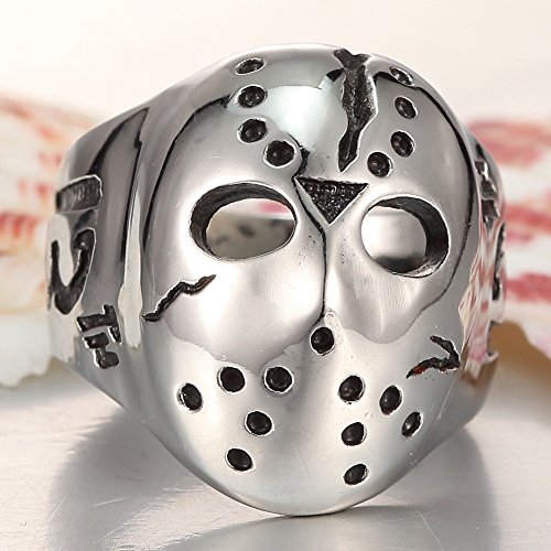 Mowen Jewelry Men's Vintage Punk Rock Hollow Openwork Skull Halloween Jason Mask Stainless Steel Ring Band Silver Black,Sizes 7-14 (11) #TOP3