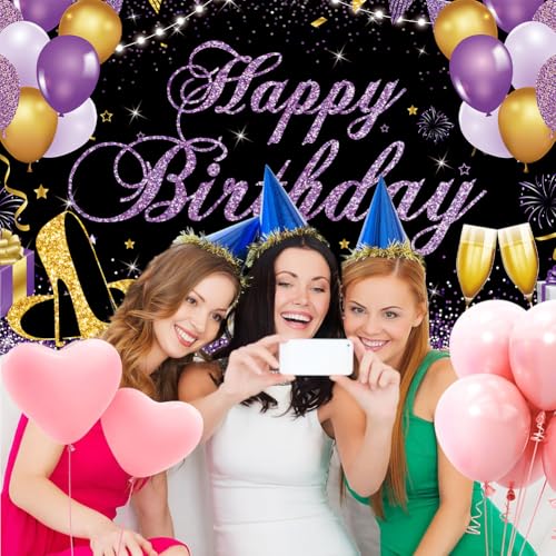 Image of Happy Birthday Banner - Birthday Decorations for Women Girls Purple Birthday Party Banners Welcome Happy Birthday Background Sign for Theme Party Decorations Indoor Outdoor