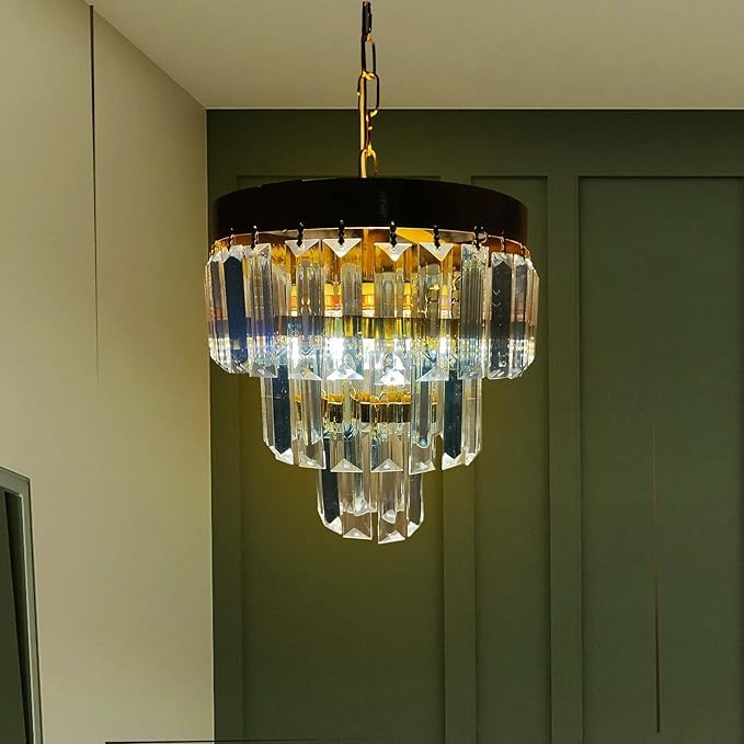 Image of 9 Inches Round Crystal Chandelier | Jhumar for Home Decoration | Crystal Jhoomer for Ceiling | Golden | (Bulb Included)