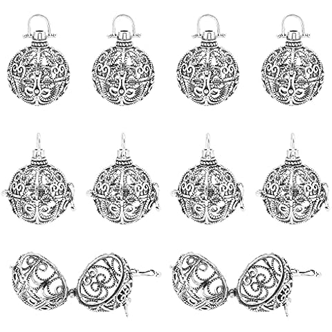 arricraft 10 Pcs Brass Cage Pendants, Hollow Round Cage Pendants Vintage Cage Locket Charms for Chime Ball Pendant Necklaces Making, Antique Silver Cover