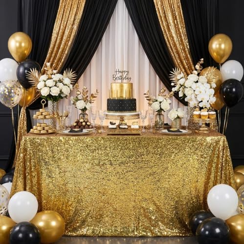 Image of Black Gold Sequin Tablecloth 60x102 Inch Sequin Rectangle Table Fabrics | Head Table Centerpieces for Valentines Cake Dessert Exhibition Party Birthday Events Banquet