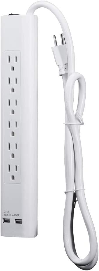 Uninex PS105SWT Slim 6-Outlet Surge Protector Power Strip with 2 USB Charging Ports (5V, 2.4A), 14/3 AWG, ETL Listed, White, 4-Foot