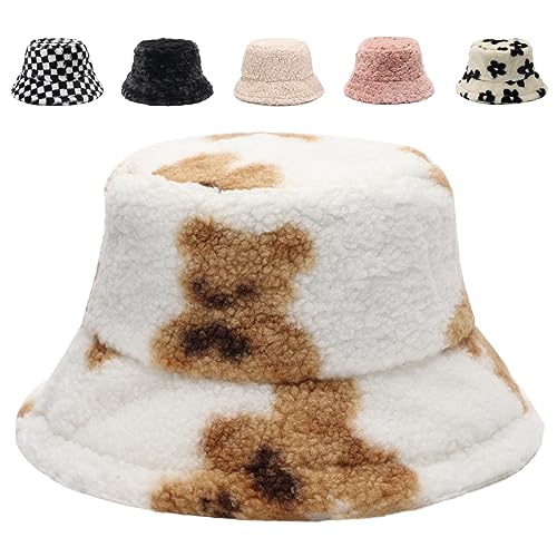Image of Bucket Hat Women Furry Fuzzy Bucket Hats for Ladies, Winter Warm Fluffy Plush Faux Fur Hat for Women