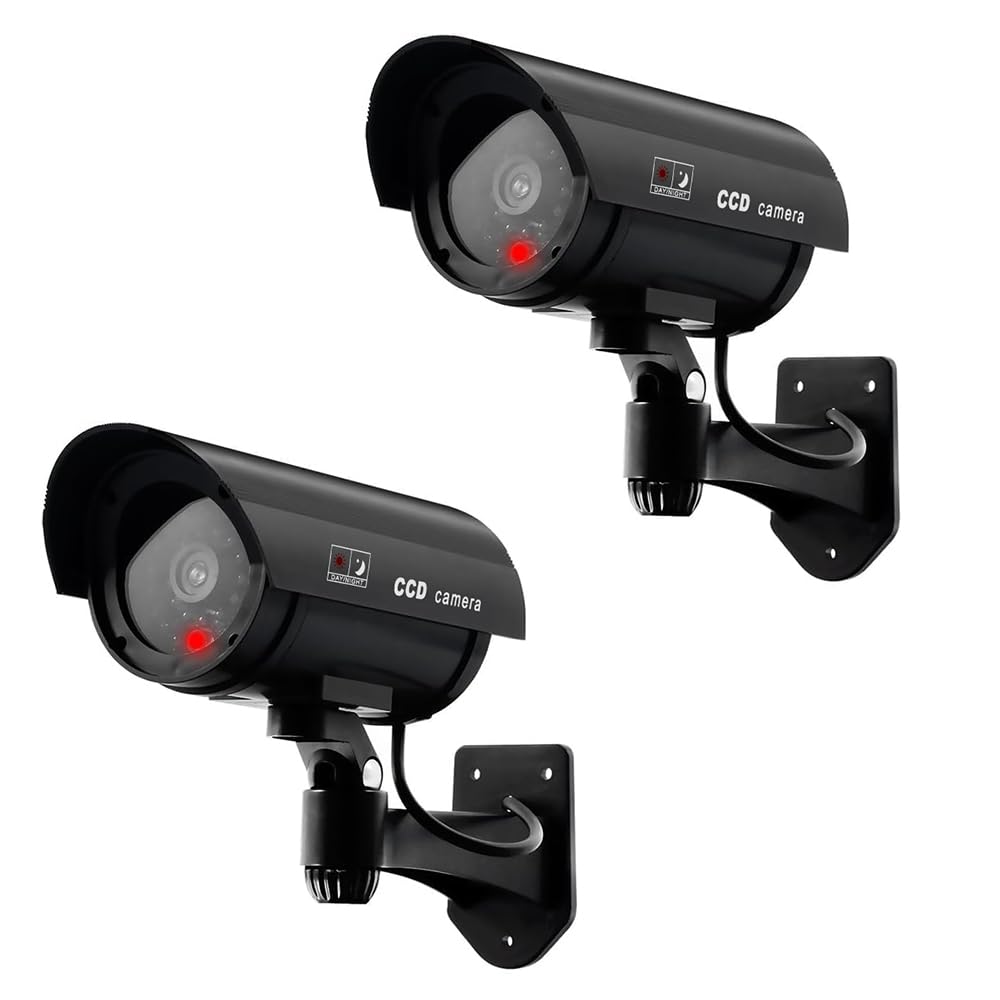 ERWEY 2PCS Caméras factices Caméra Fausse Caméra de Surveillance avec LED Infrarouge Clignotante Rouge d'avertissement pour Exterieur et Intérieure, Noir