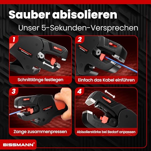 Bissmann® Automatische Abisolierzange | Schnelles & Präzises Abisolieren | Edelstahlklinge - Inkl. Seitenschneider | Für alle gängige Kabel 0,08 bis 6 mm² | Abisolierwerkzeug | Kabelabisolierer