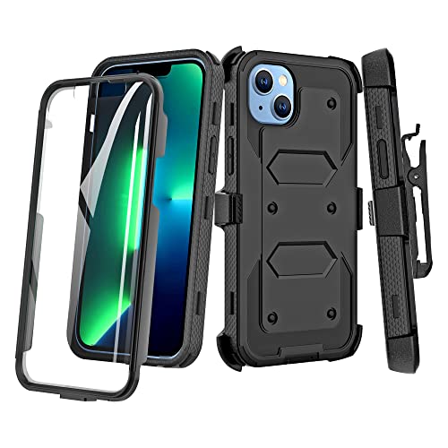 Holster Case for iPhone 14 with Swivel Belt Clip, Built-in Screen Protector Heavy Duty Full Body Protection Shockproof Kickstand Cover for Outdoor Sports 6.1
