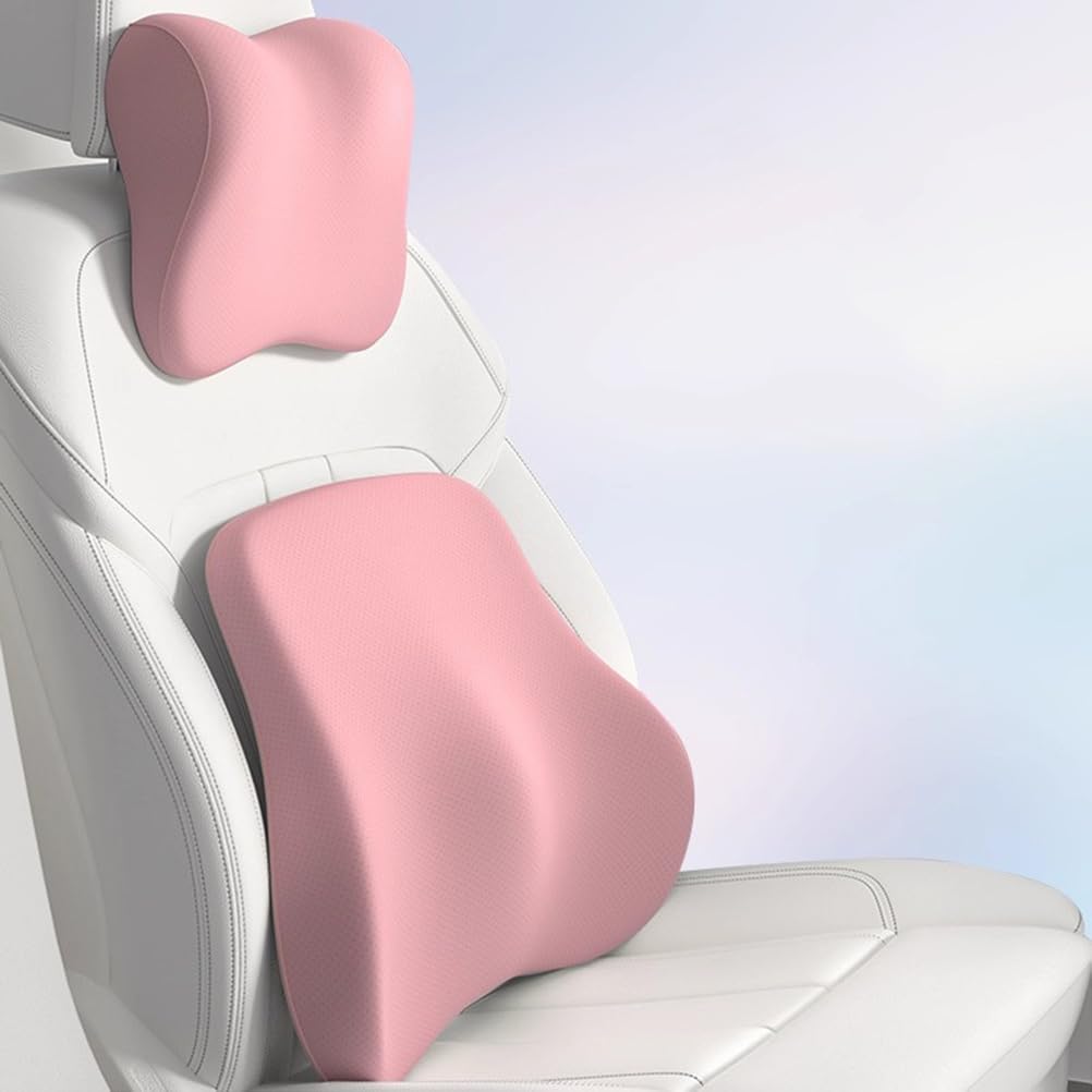 Zagłówek samochodowy i poduszka podparcia lędźwi. Ergonomiczny zestaw poduszek pod kark. Zagłówek samochodowy i podparcie lędźwi z pianki memory(Pink 02)