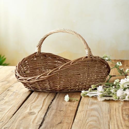 Rattan Wicker Woven Basket with Handle,Portable Garden Harvest Basket for