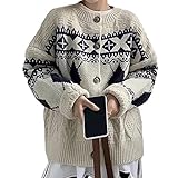 【1/2style】ノルディック アーガイル 柄 カーディガン レディース 秋冬 ニット 長袖 前開き オフィス カジュアル (L, オフホワイト)