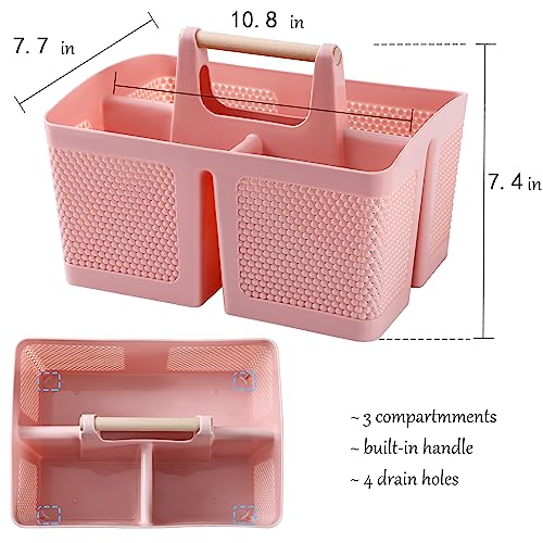 Image of rejomiik Portable Plastic Shower Caddy with Bamboo Handle, Pink