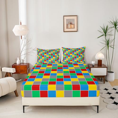 Image of Erosebridal Geometric Checkered Bedding Set Full Colorful Checkerboard Bed Sheets Rainbow Plaid Sheet Set Kids Boys Girls,Red Blue Green Yellow Grids Fitted Top Sheets 4 Piece