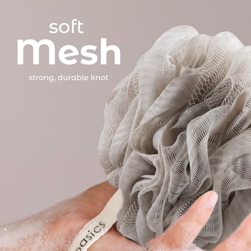 Image of MainBasics Shower Loofah Sponge Pouf, Set of 3, Totally Taupe | Soft Mesh Body Scrubber and Bath Sponge for Gentle Exfoliation, Rich Lather, and Everyday Shower Use