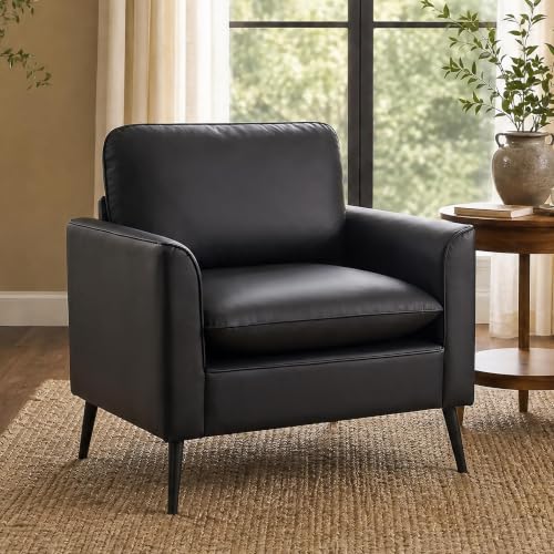 Image of Faux Leather Accent Chair, Office Armchairs with Metal Legs (Black, 1) | TYBOATLE, Mid Century Modern, Comfy, Cozy, Reading, Reception, Office, Bedroom, Waiting Room, Apartment
