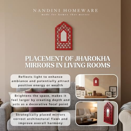 Image of Handcrafted Traditional Red Mughal MDF Wooden Mirror Jharokha Wall Art | Mughal-Inspired Boho Vintage Style Decorative Wall Hanging for Living Room & Home Interiors (Red Mughal)