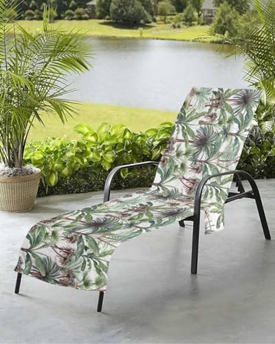 Green Palm Leaves Beach Chair Towel Covers for Chaise Lounge With Side Pocket, Soft Plush Pool Towels Cover for Patio Sunbathing Outdoor Tropical Tree Summer Beach Plant 29''x85''