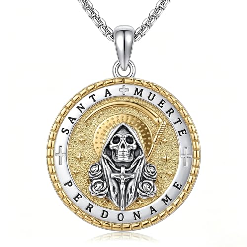 LUANIOL Santa Muerte Necklace 18K Yellow Gold Plated Santa Muerte Pendant Religious Protector Jewelry Gifts for Women Men